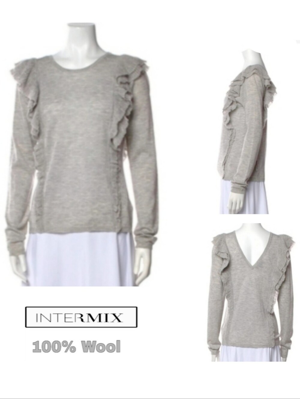 Intermix 100% Wool Ruffled Sweater Grey M